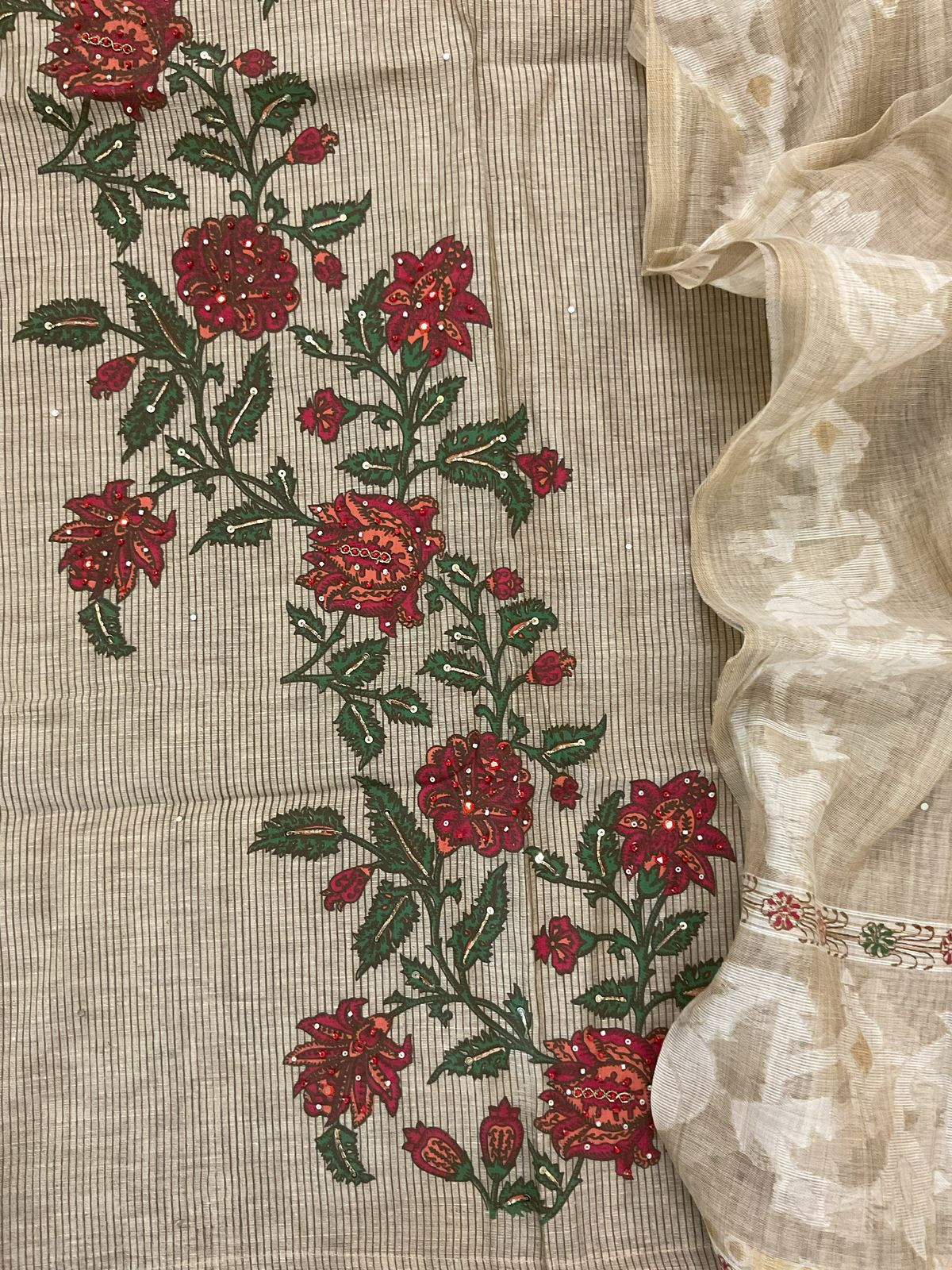 Soft Slub Chanderi Printed Embroidered Suit - Beige