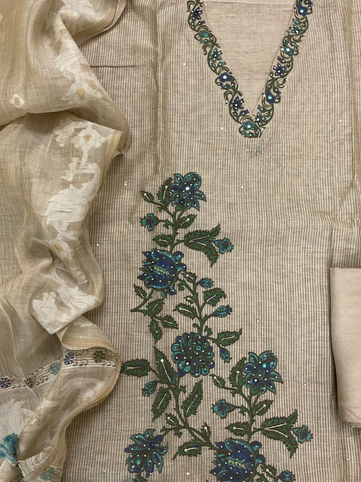 Soft Slub Chanderi Printed Embroidered Suit - Beige