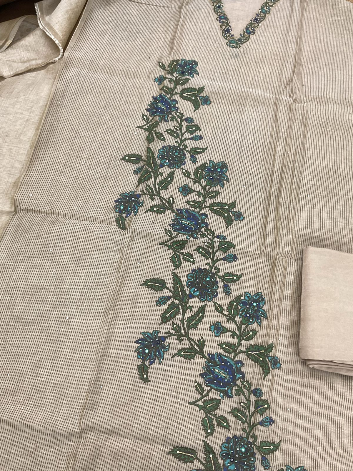 Soft Slub Chanderi Printed Embroidered Suit - Beige