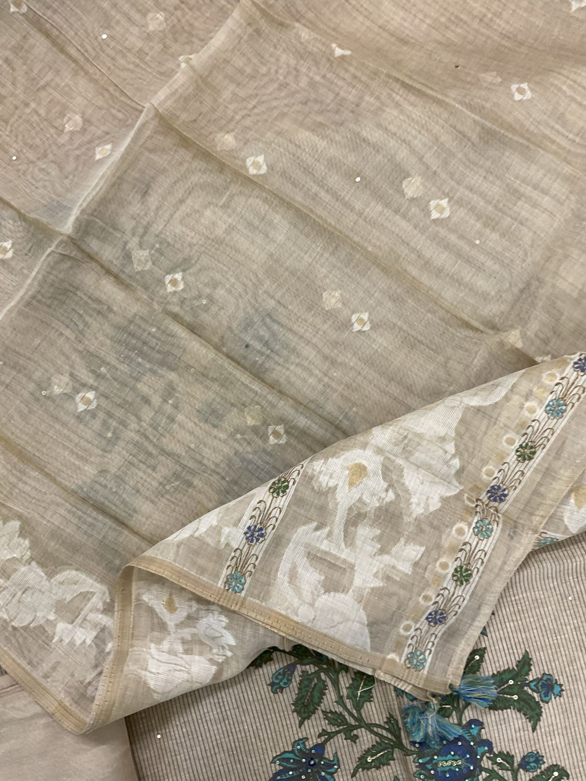 Soft Slub Chanderi Printed Embroidered Suit - Beige