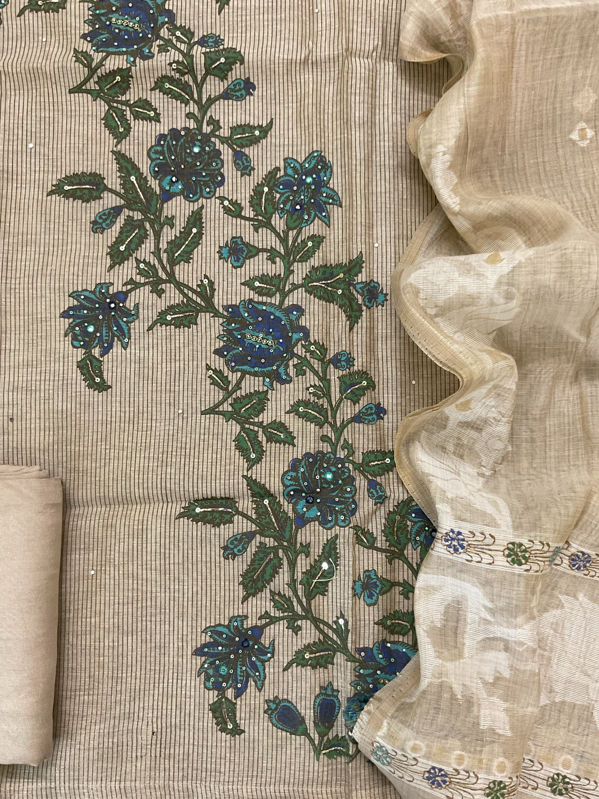 Soft Slub Chanderi Printed Embroidered Suit - Beige