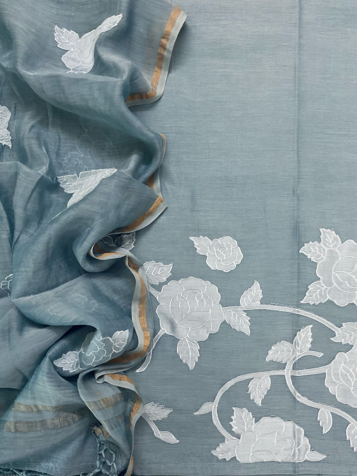 Pure Mul Chanderi Appliqu Work Suit - Grey