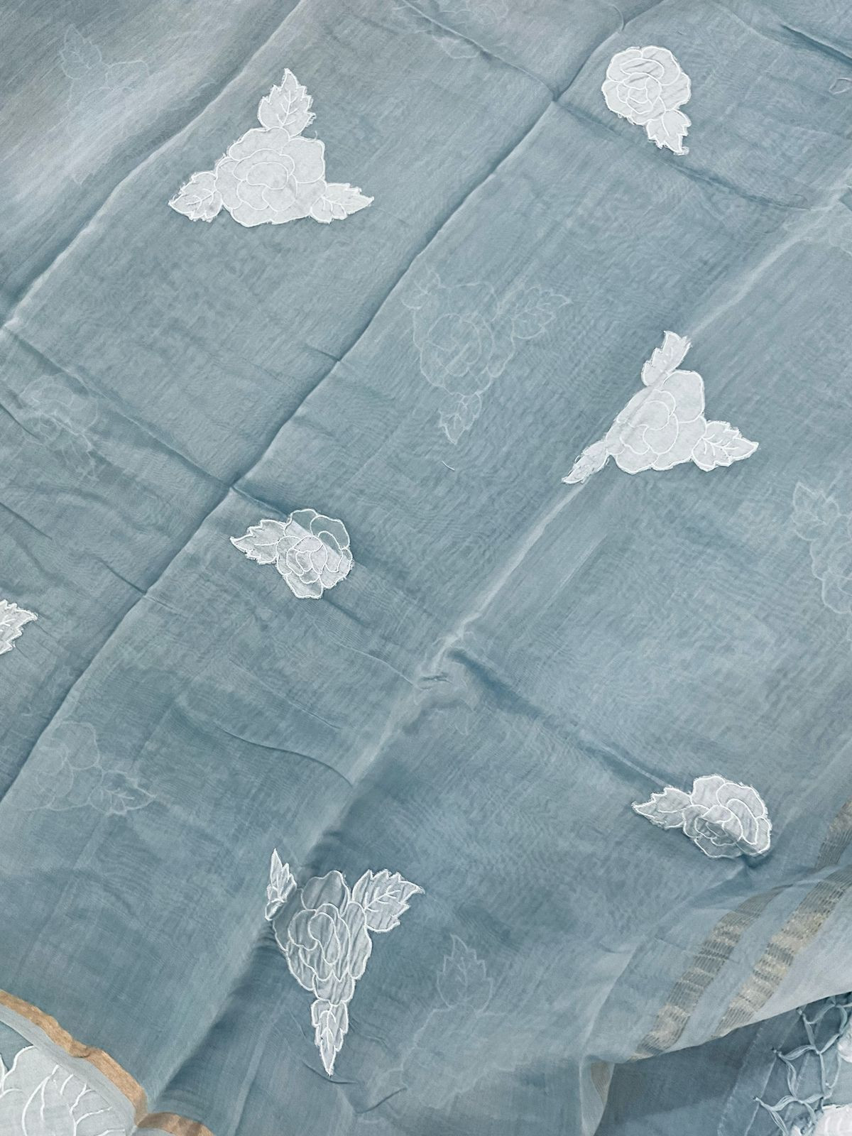 Pure Mul Chanderi Appliqu Work Suit - Grey