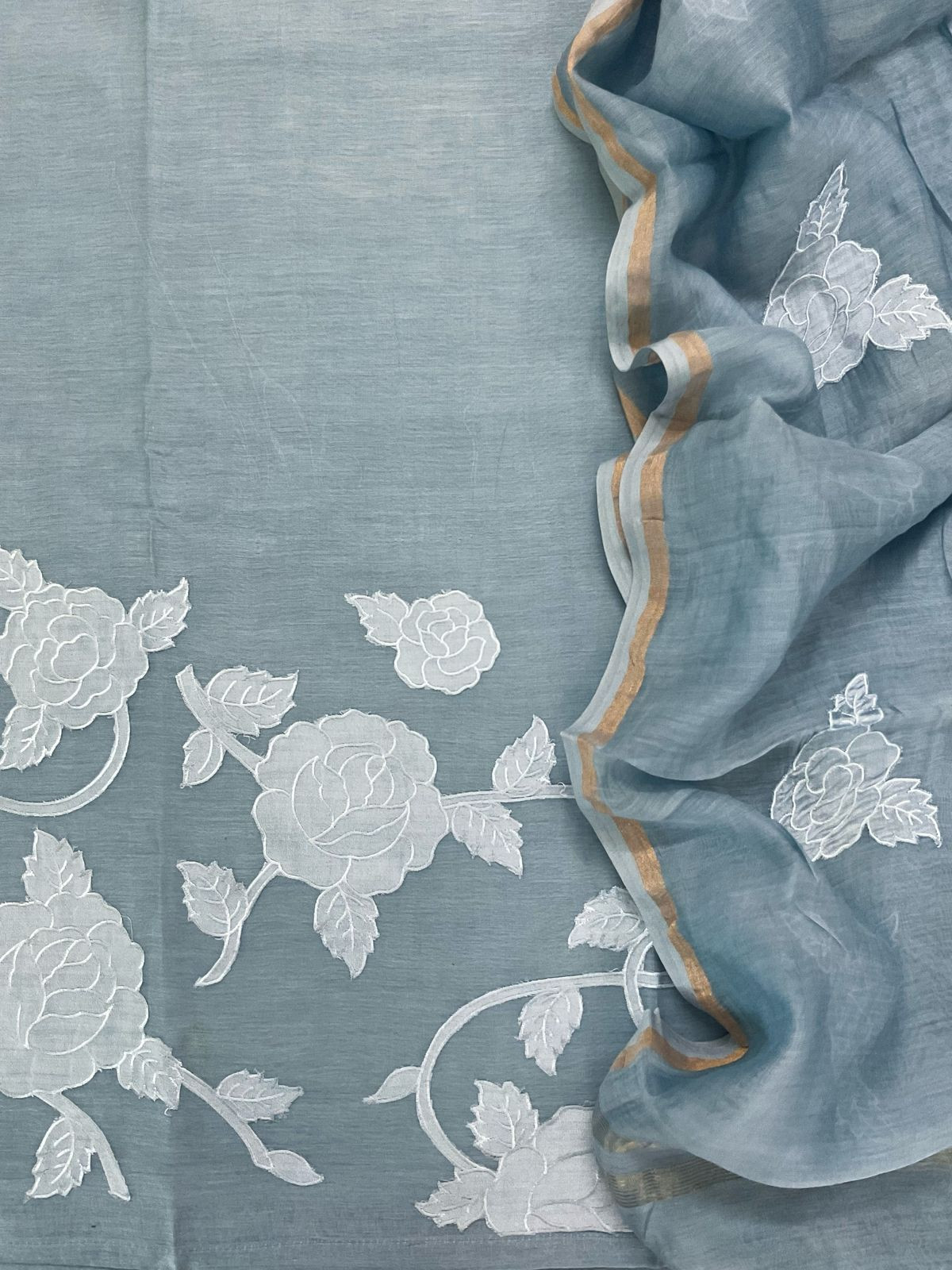 Pure Mul Chanderi Appliqu Work Suit - Grey