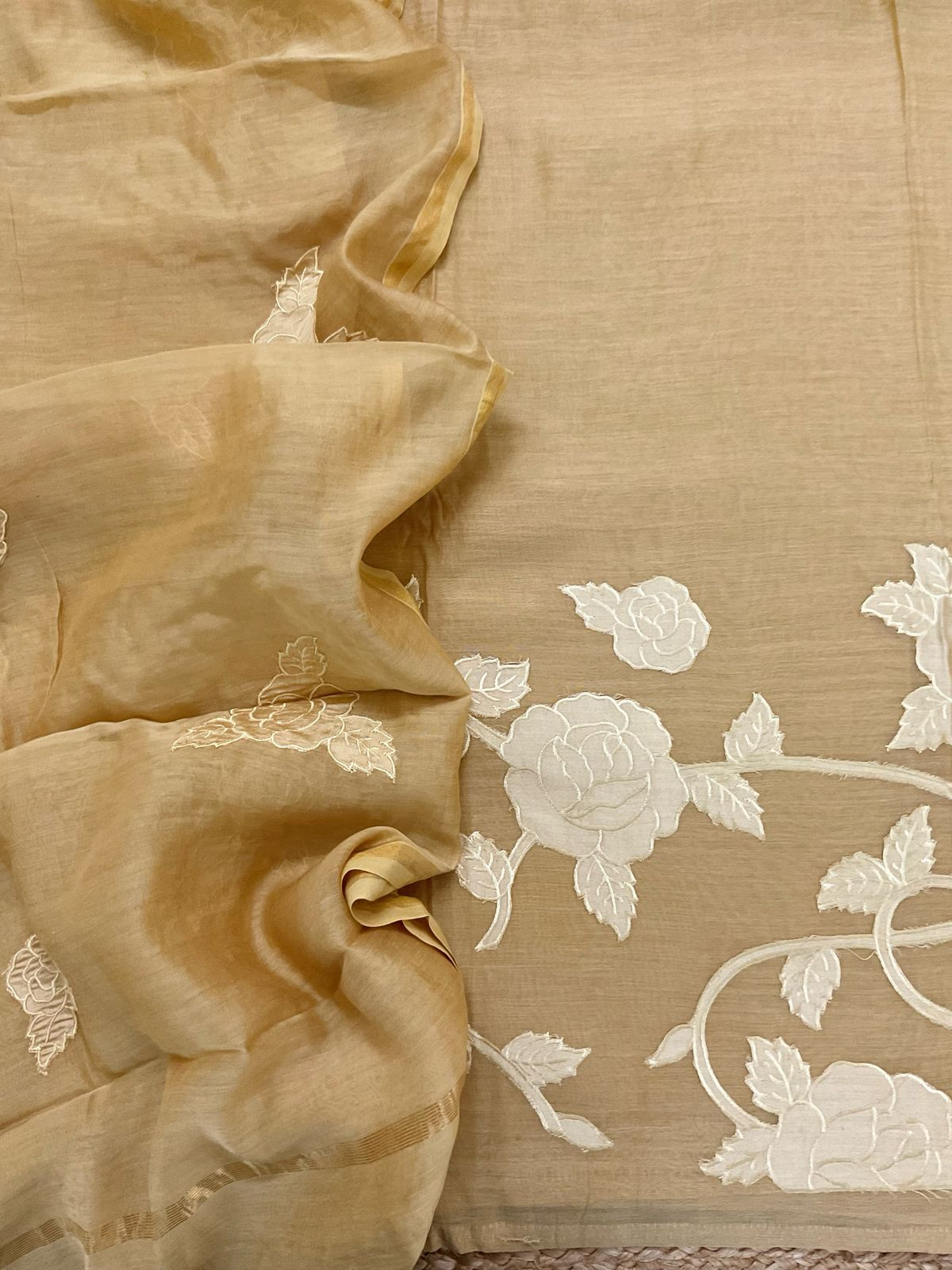 Pure Mul Chanderi Appliqu Work Suit - Mustard Yellow