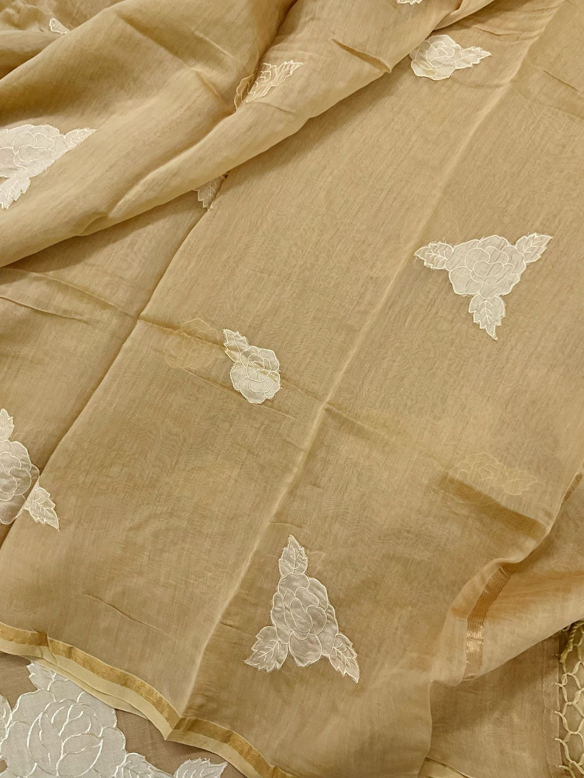 Pure Mul Chanderi Appliqu Work Suit - Mustard Yellow