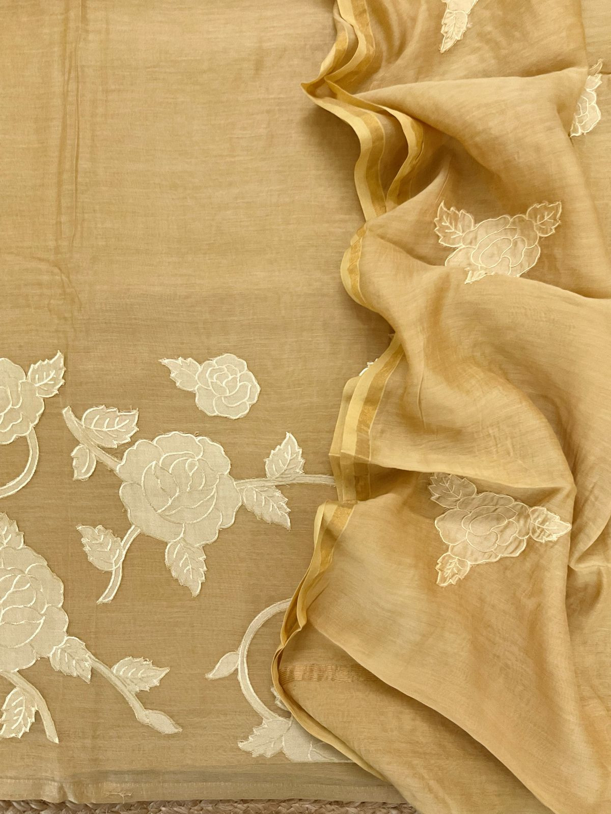 Pure Mul Chanderi Appliqu Work Suit - Mustard Yellow