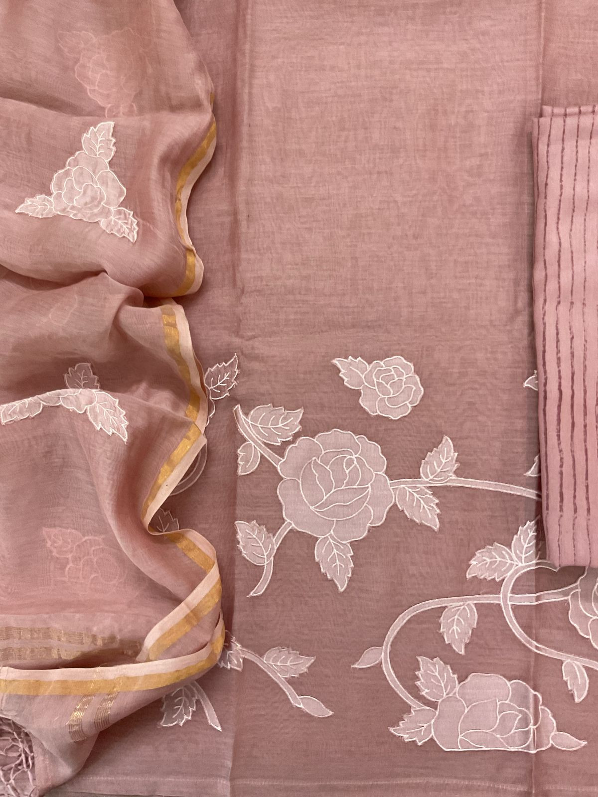Pure Mul Chanderi Appliqu Work Suit - Onion Pink
