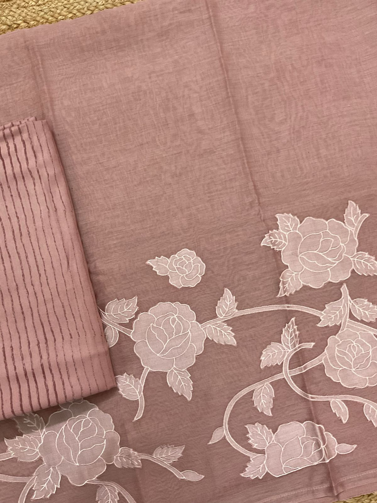 Pure Mul Chanderi Appliqu Work Suit - Onion Pink