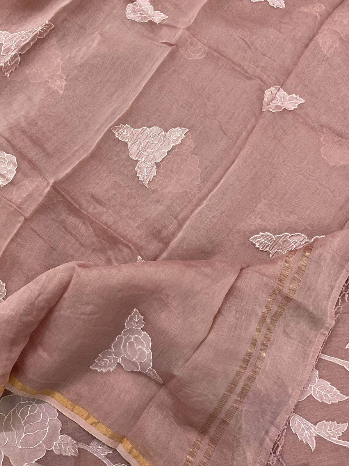 Pure Mul Chanderi Appliqu Work Suit - Onion Pink