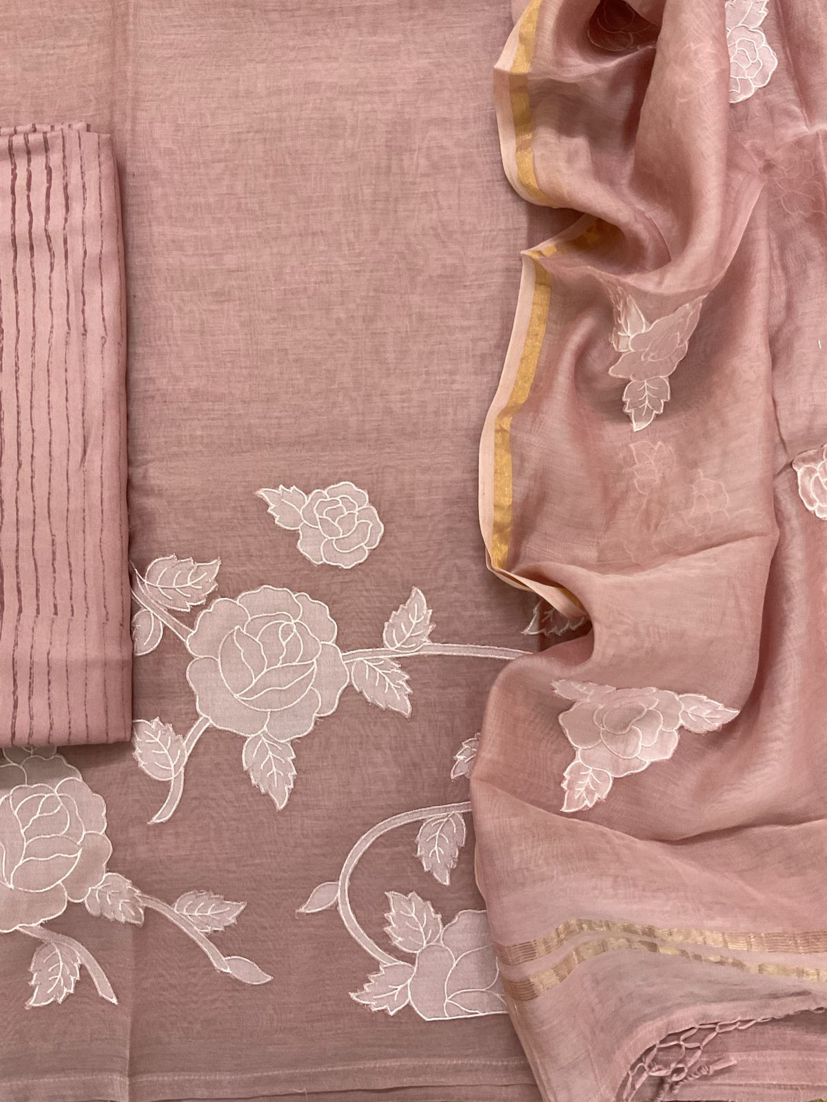 Pure Mul Chanderi Appliqu Work Suit - Onion Pink