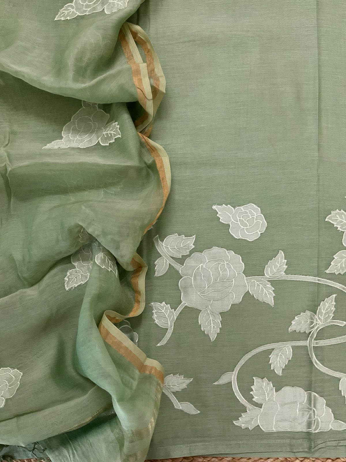 Pure Mul Chanderi Appliqu Work Suit - Green