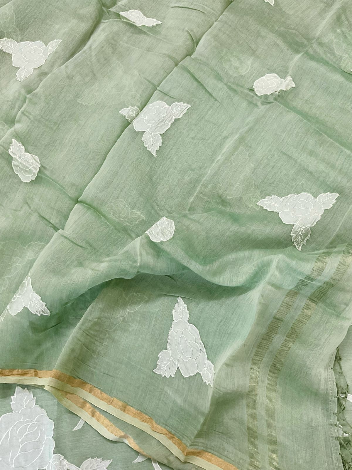 Pure Mul Chanderi Appliqu Work Suit - Green