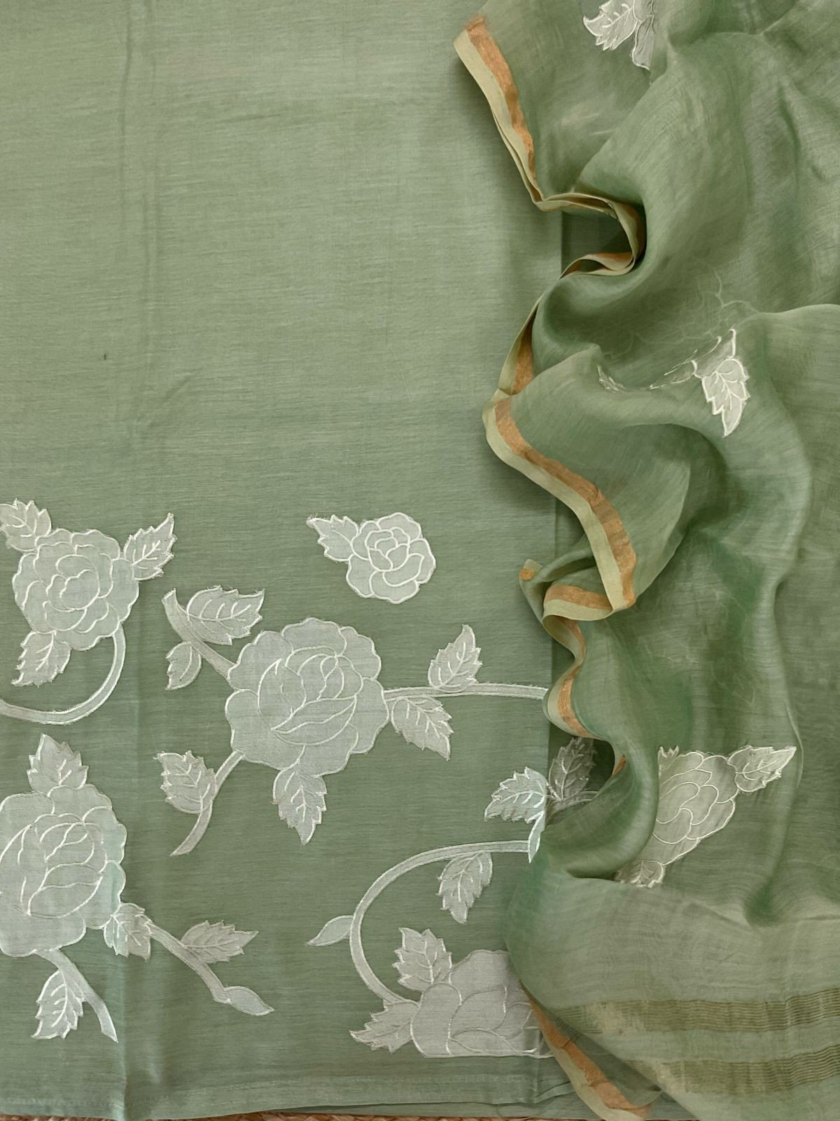 Pure Mul Chanderi Appliqu Work Suit - Green