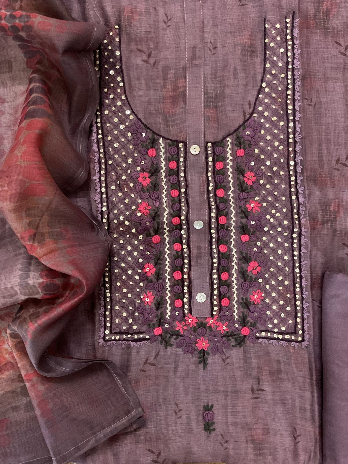 Soft Kora Chanderi Printed Embroidered Suit - Purple