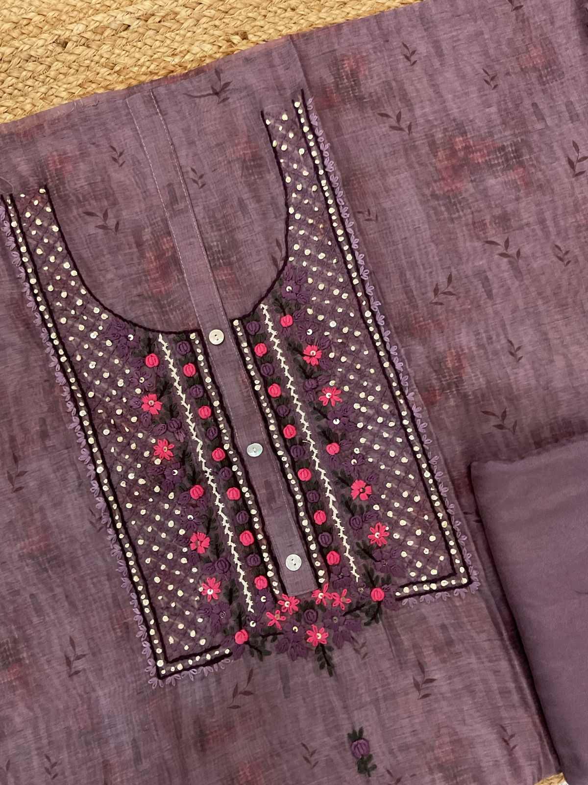 Soft Kora Chanderi Printed Embroidered Suit - Purple