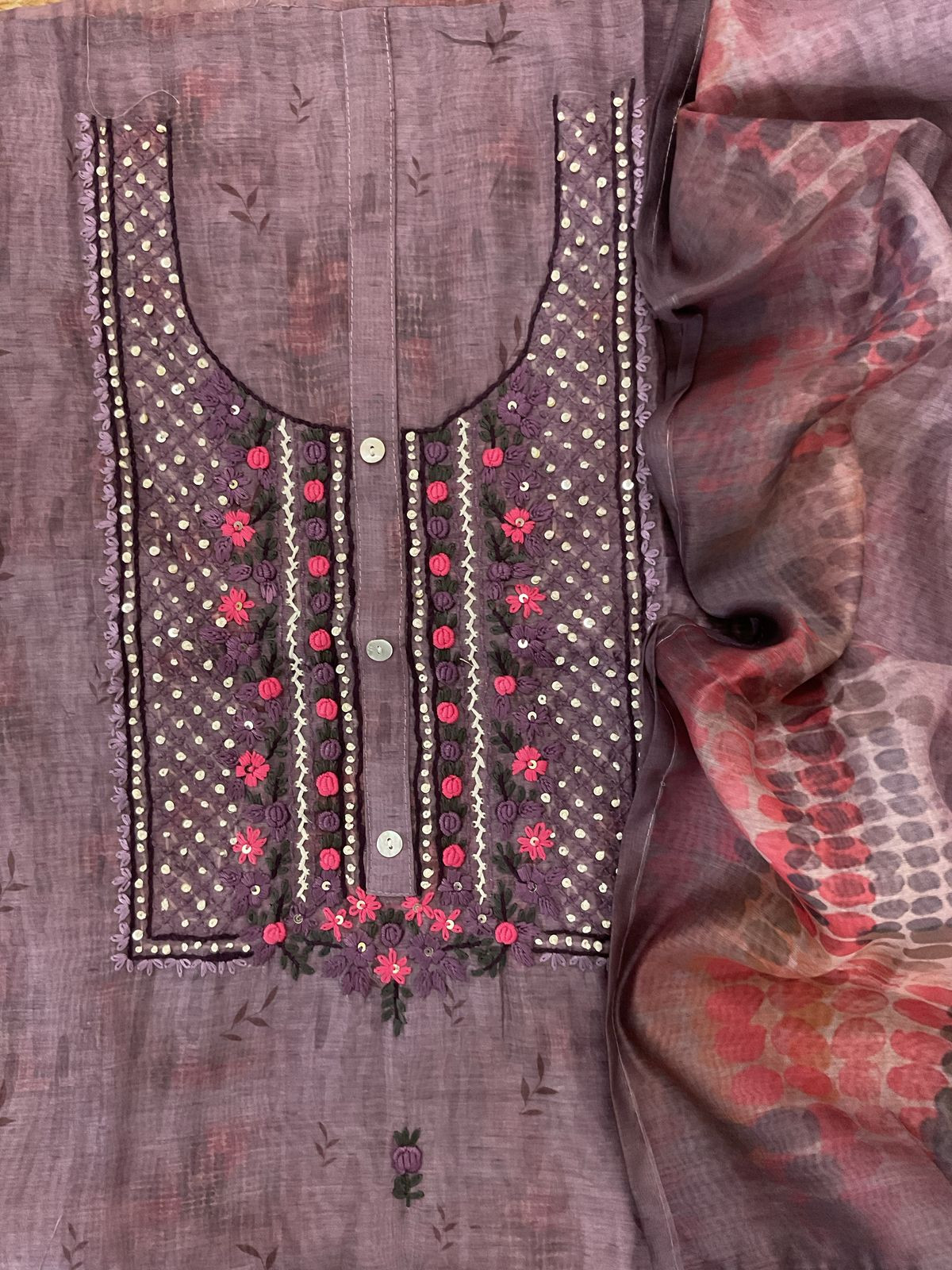 Soft Kora Chanderi Printed Embroidered Suit - Purple