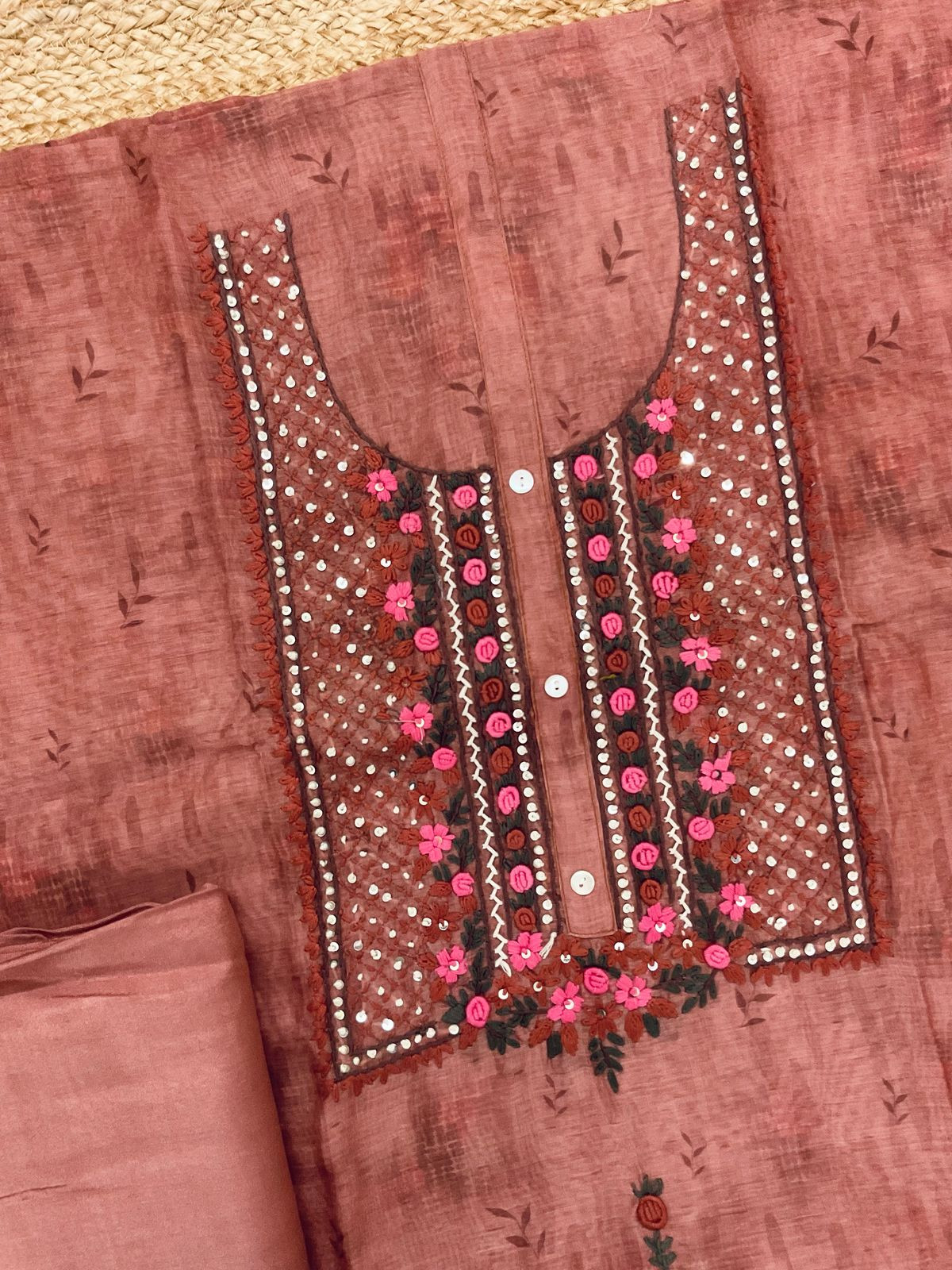 Soft Kora Chanderi Printed Embroidered Suit - Brown