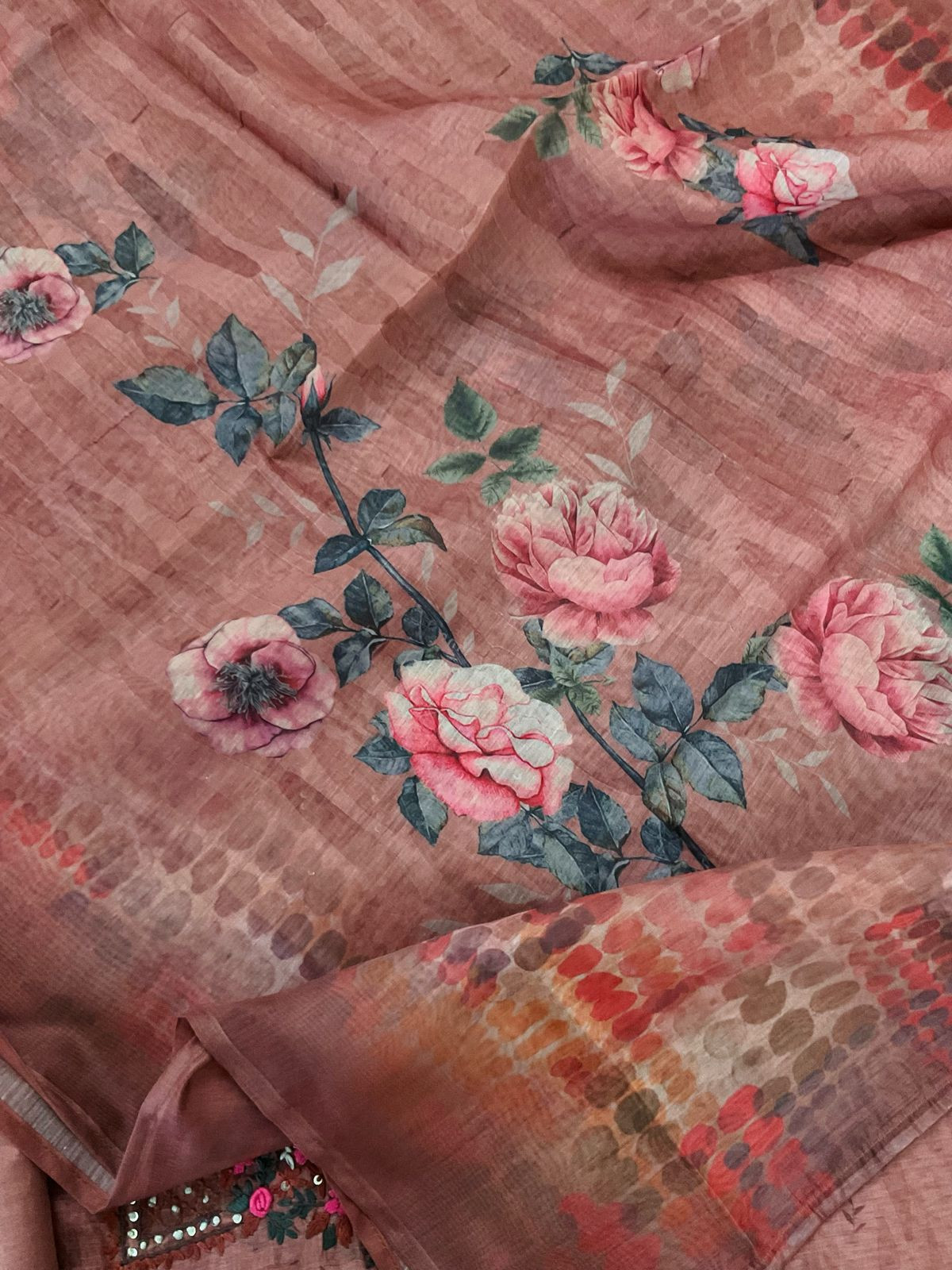 Soft Kora Chanderi Printed Embroidered Suit - Brown