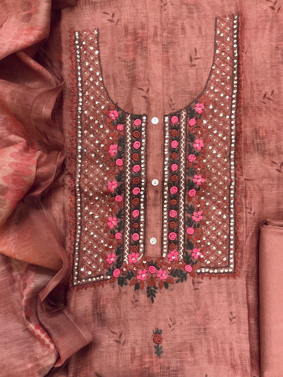 Soft Kora Chanderi Printed Embroidered Suit - Brown