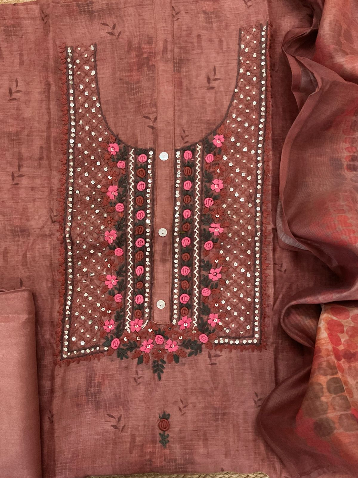 Soft Kora Chanderi Printed Embroidered Suit - Brown