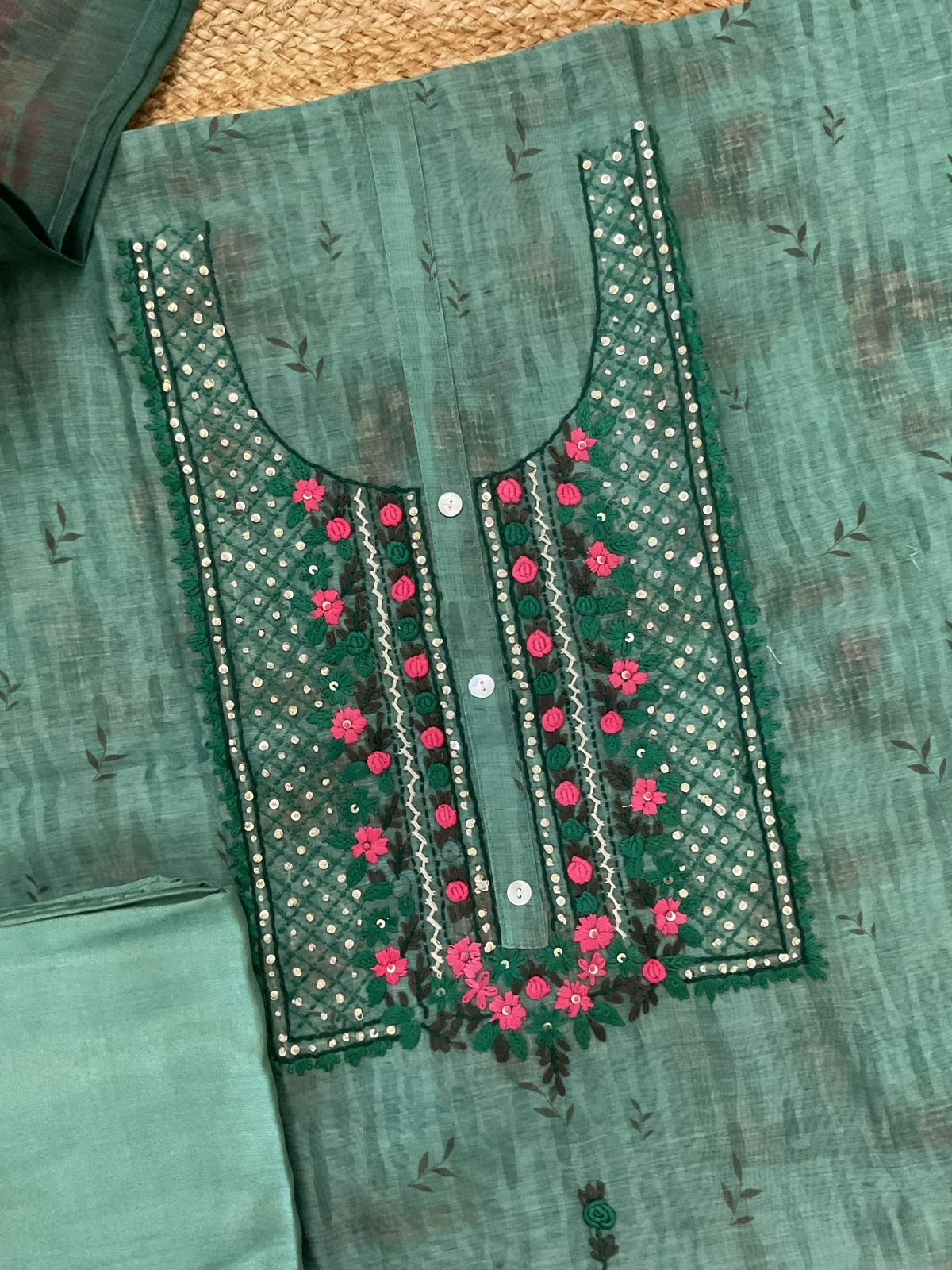 Soft Kora Chanderi Printed Embroidered Suit - Green