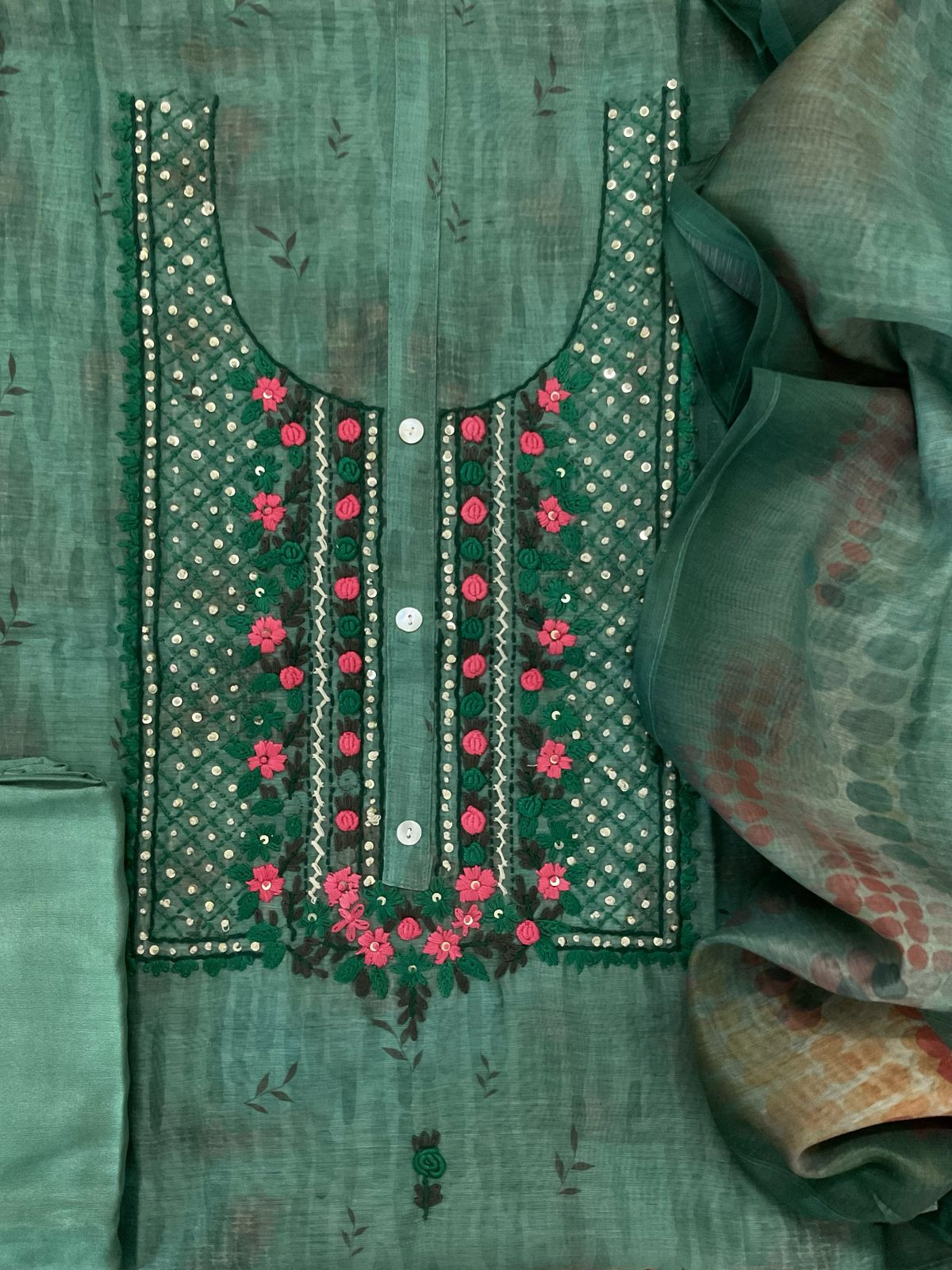 Soft Kora Chanderi Printed Embroidered Suit - Green