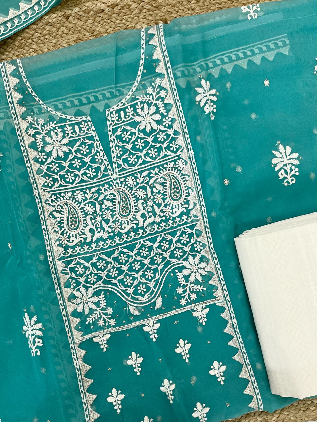 Soft Fine Organza Embroidered Suit - Blue