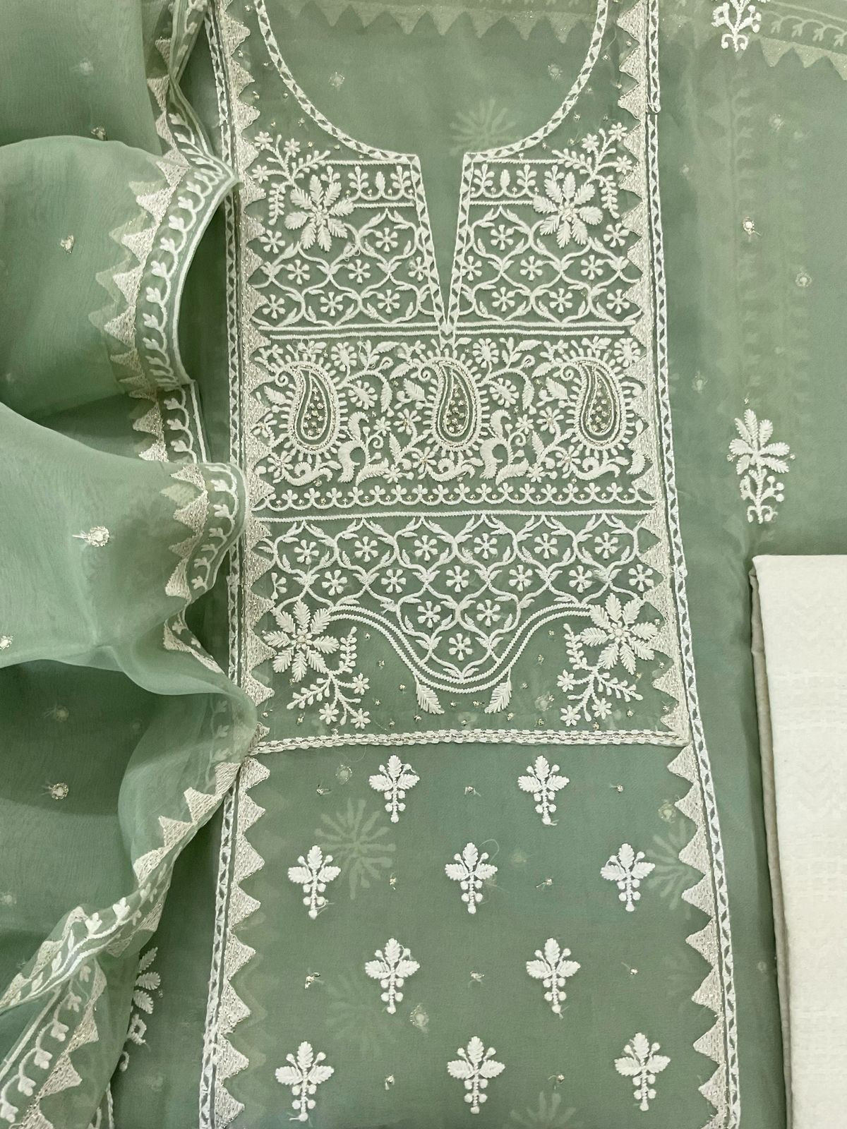 Soft Fine Organza Embroidered Suit - Green