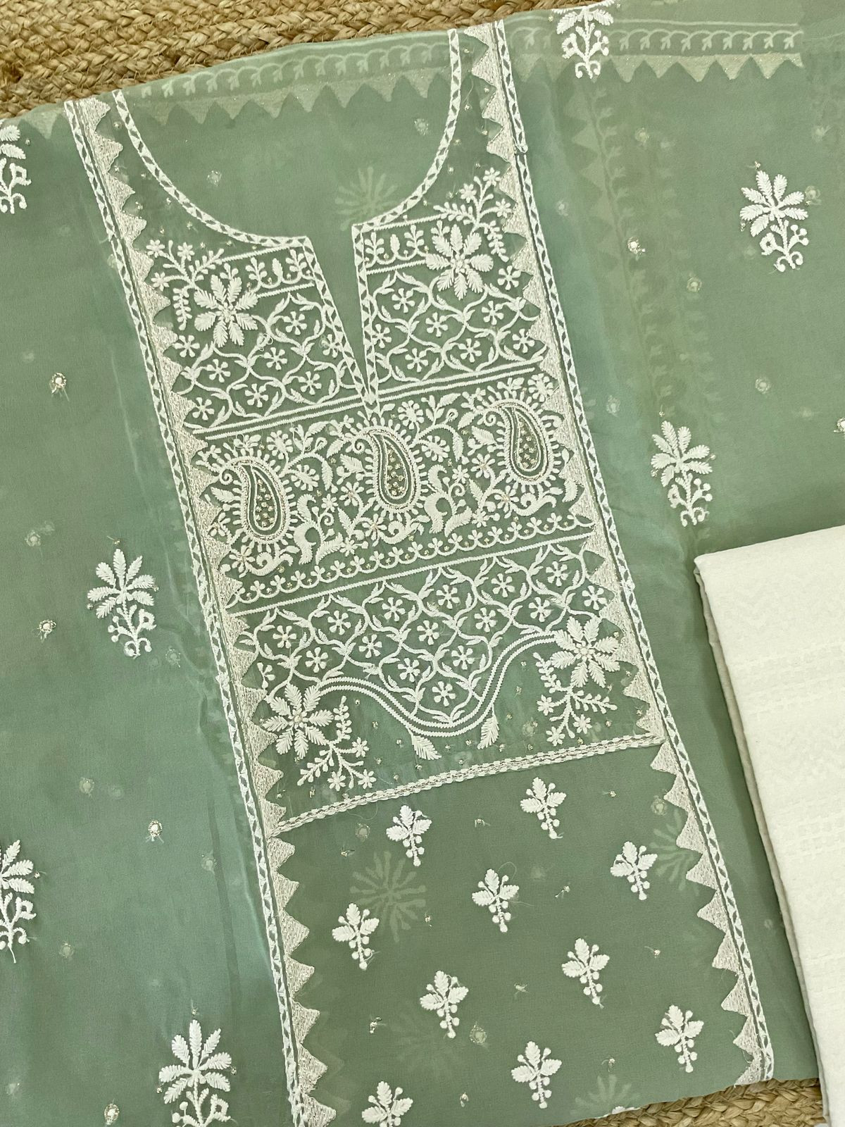 Soft Fine Organza Embroidered Suit - Green