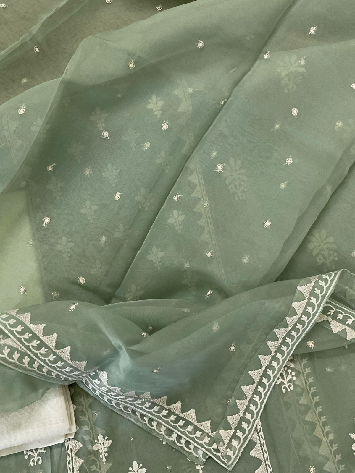 Soft Fine Organza Embroidered Suit - Green