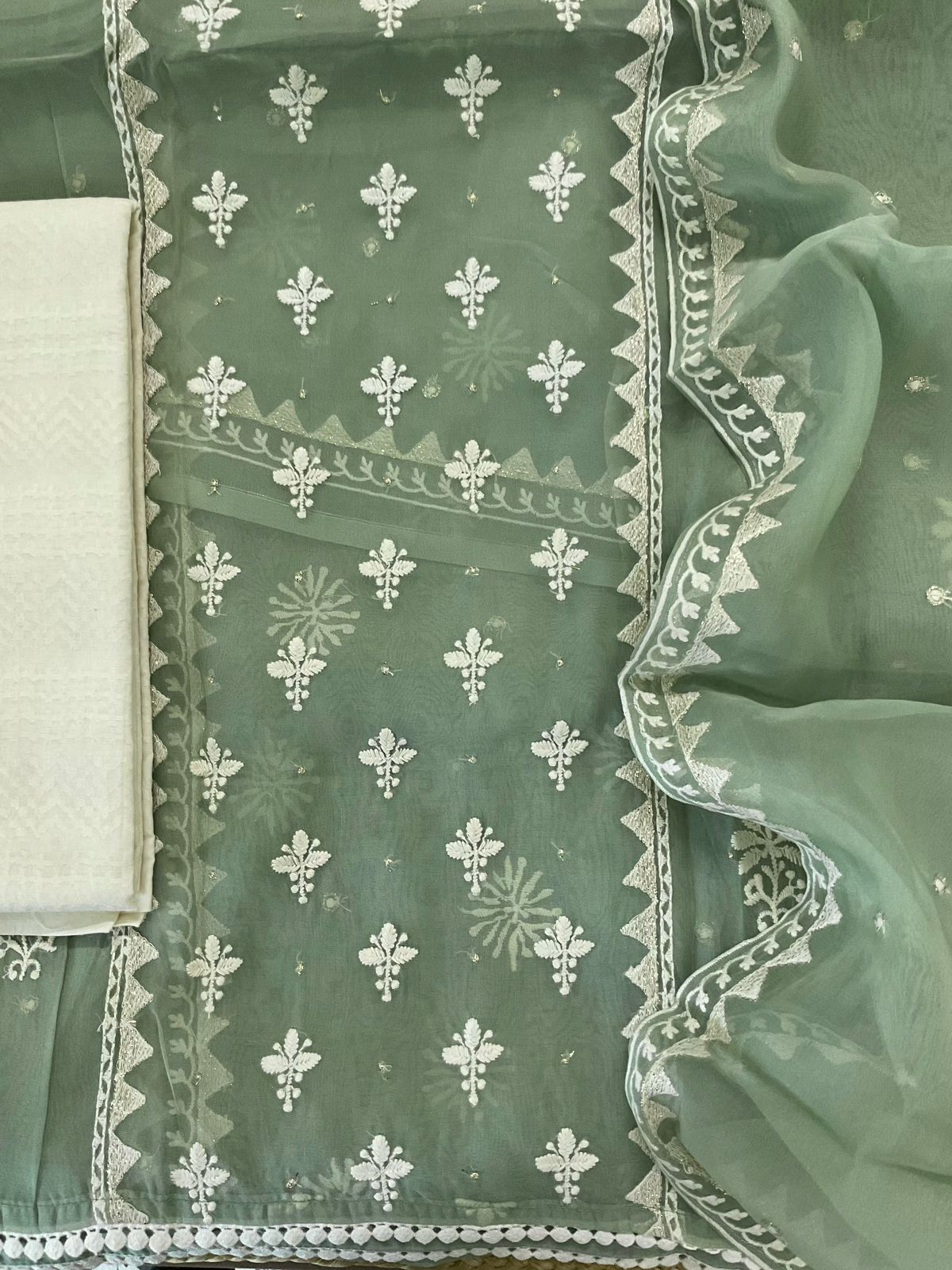 Soft Fine Organza Embroidered Suit - Green