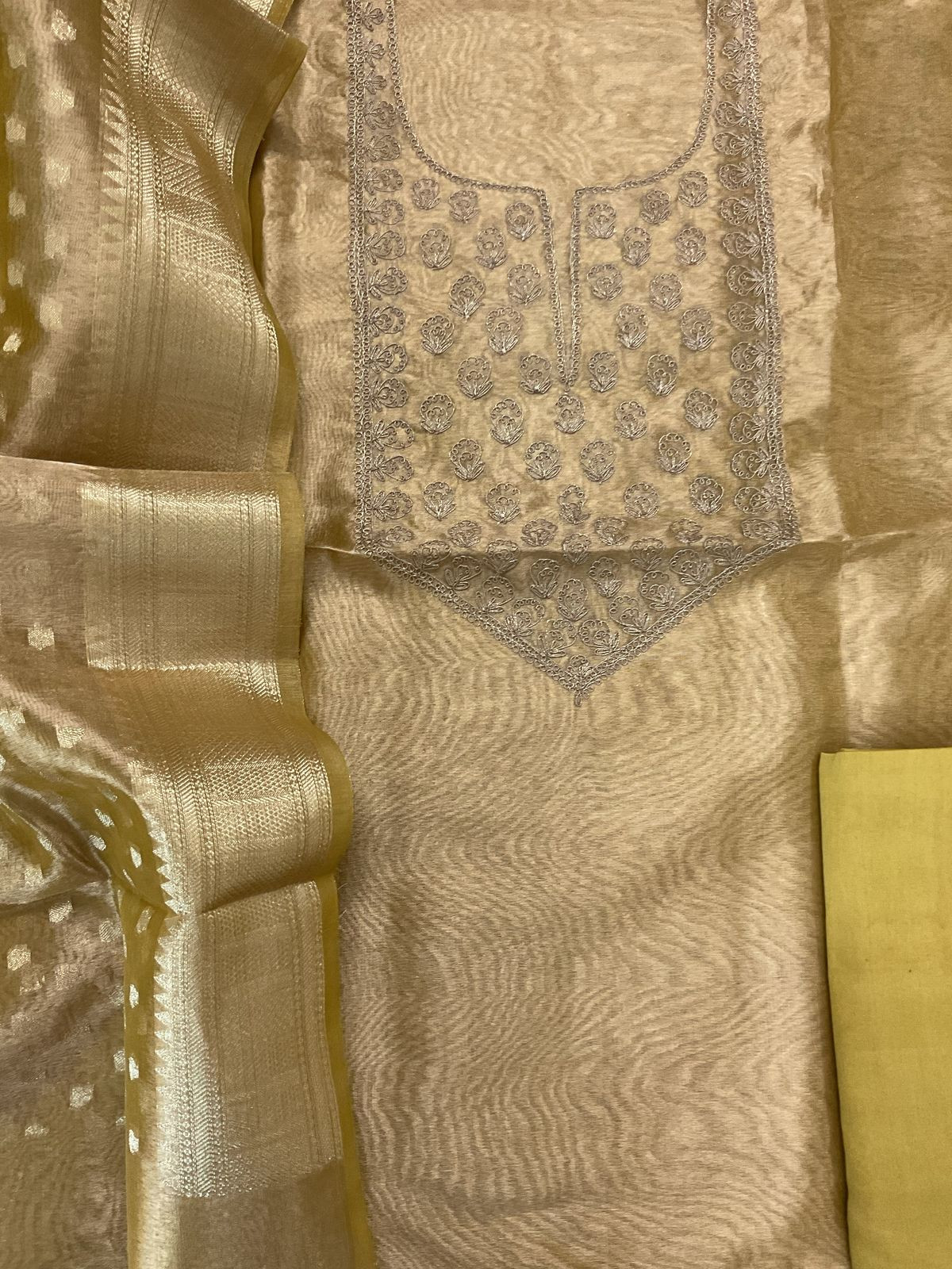 Soft Tissue Organza Embroidered Suit - Yellow