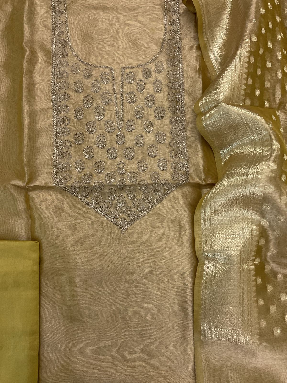 Soft Tissue Organza Embroidered Suit - Yellow