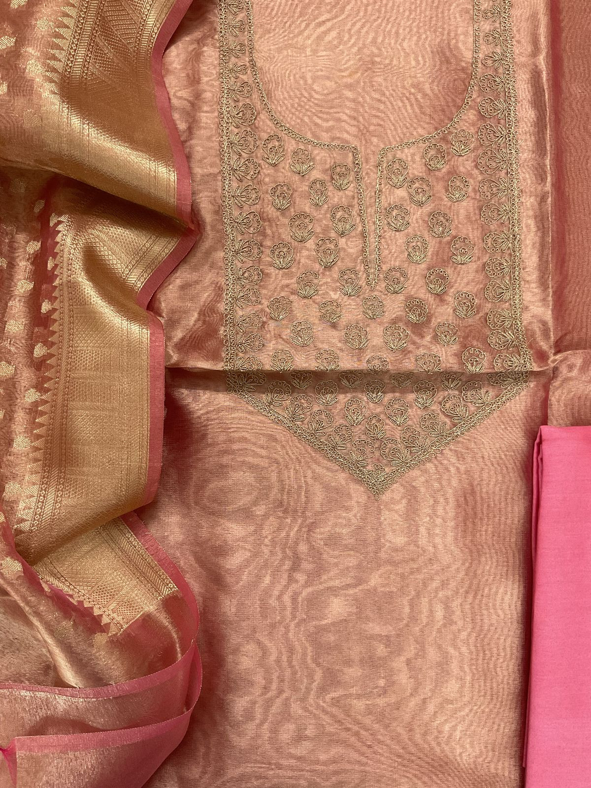 Soft Tissue Organza Embroidered Suit - Peach