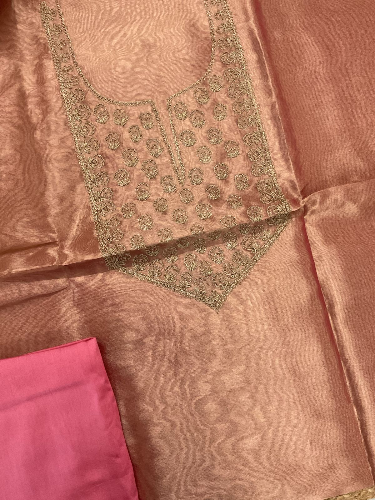 Soft Tissue Organza Embroidered Suit - Peach