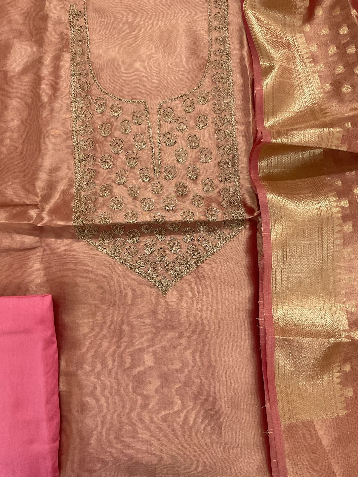 Soft Tissue Organza Embroidered Suit - Peach