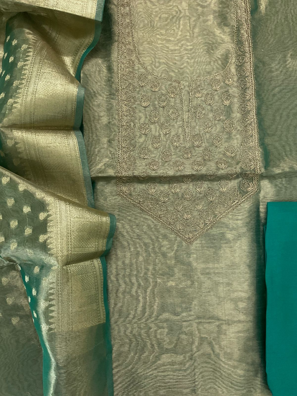 Soft Tissue Organza Embroidered Suit - Green