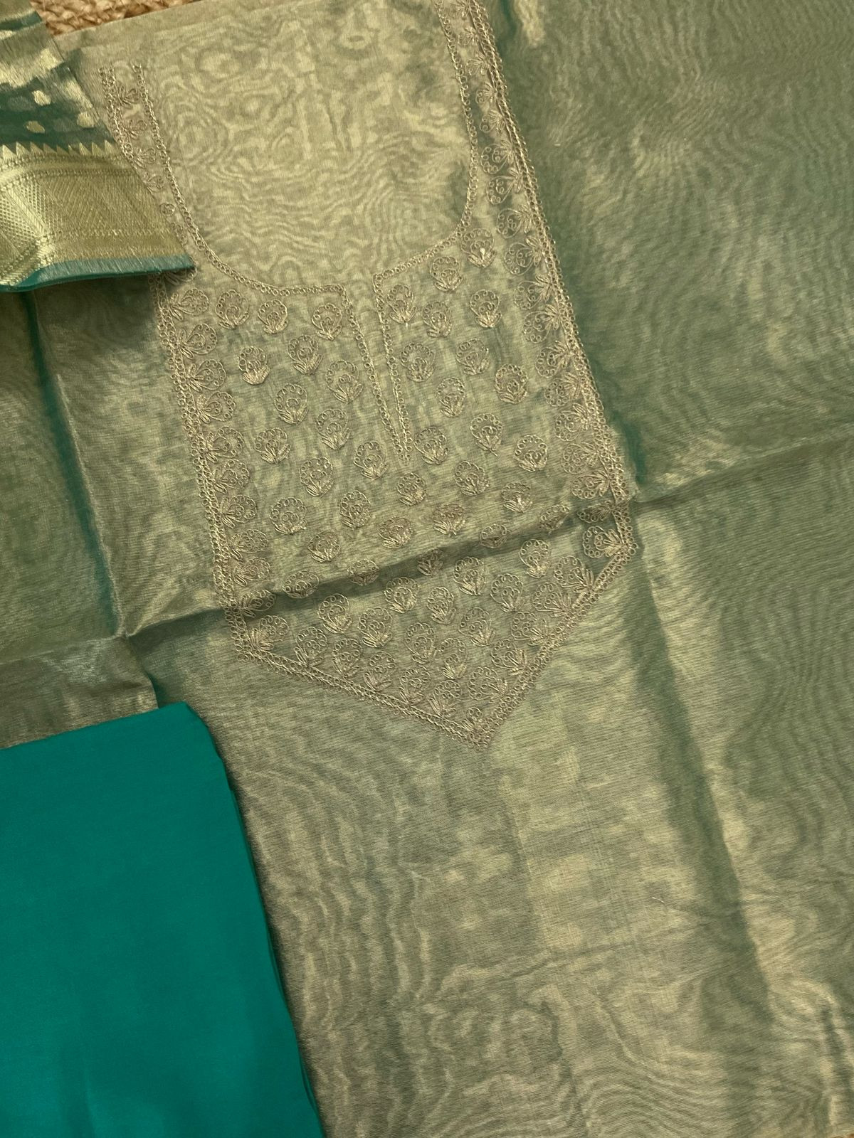 Soft Tissue Organza Embroidered Suit - Green