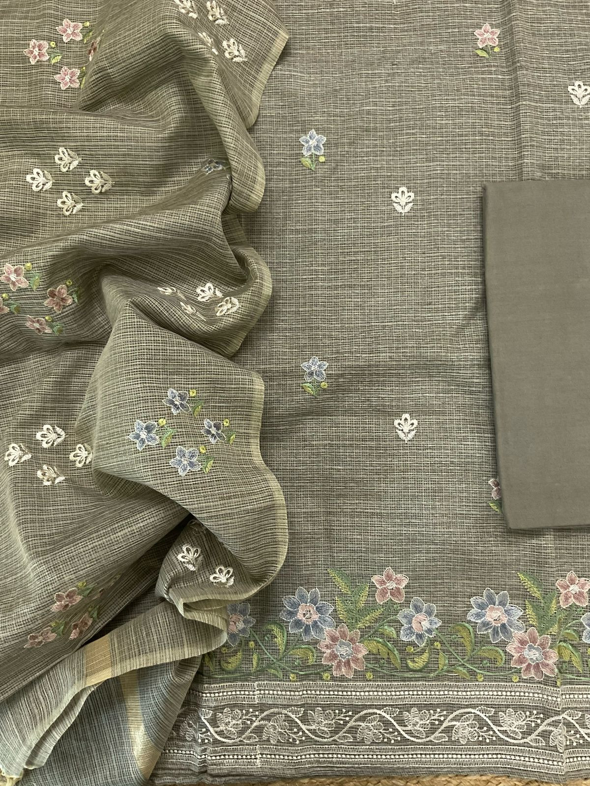 Soft Kota Silk Embroidered Suit - Beigish Green