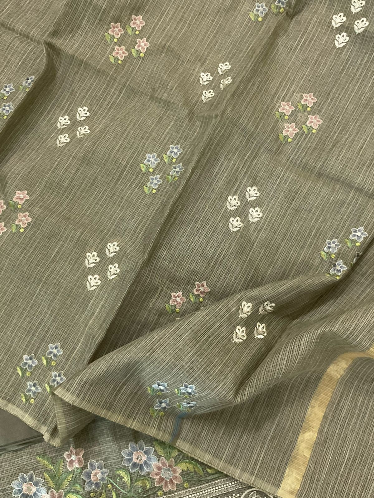 Soft Kota Silk Embroidered Suit - Beigish Green
