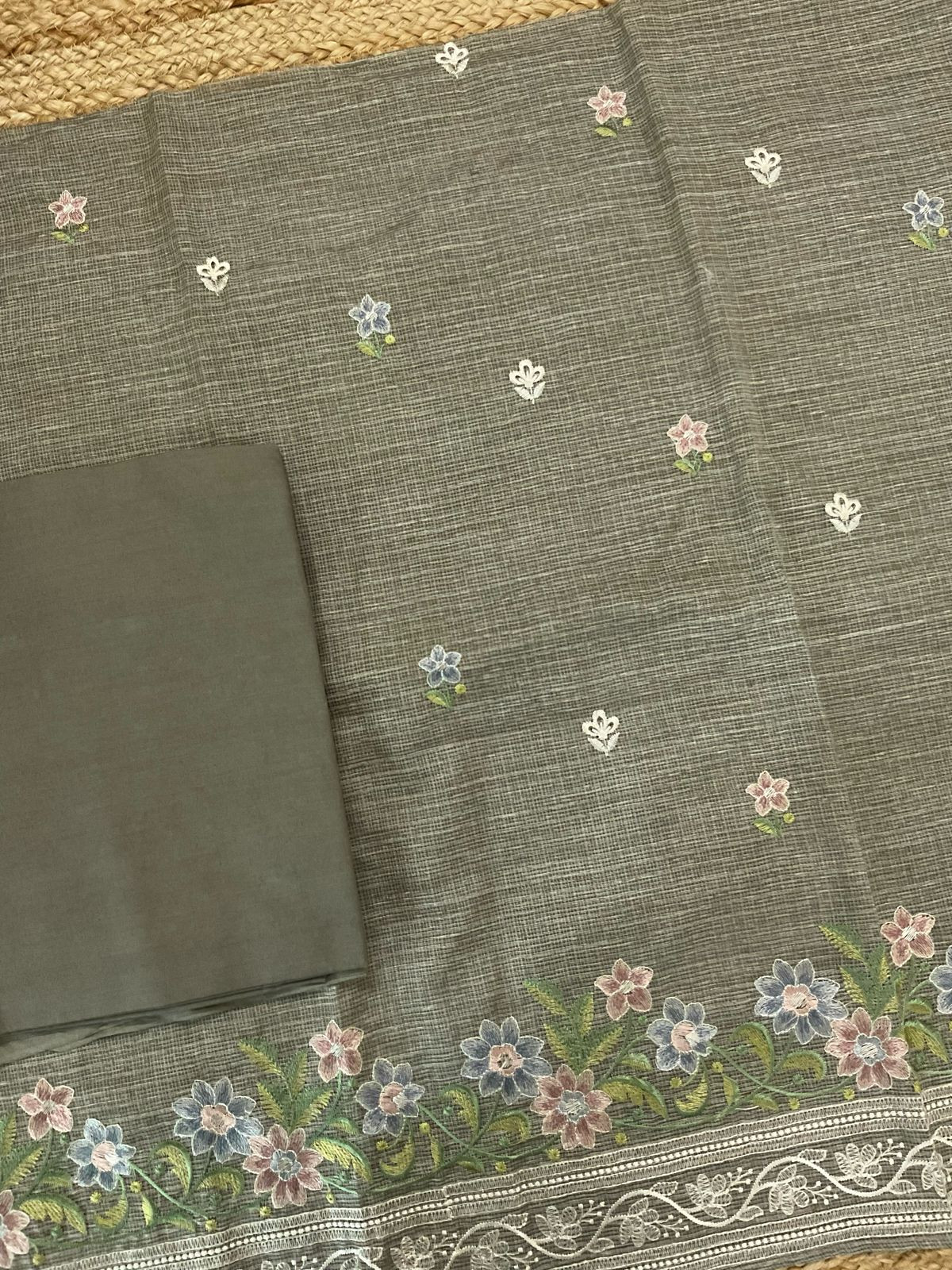 Soft Kota Silk Embroidered Suit - Beigish Green