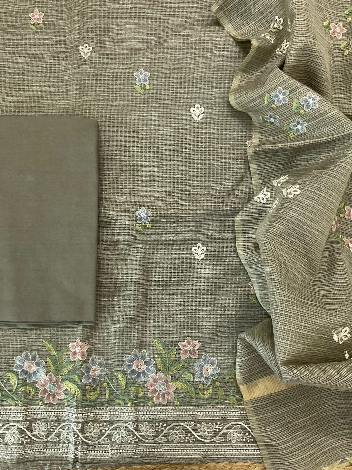 Soft Kota Silk Embroidered Suit - Beigish Green