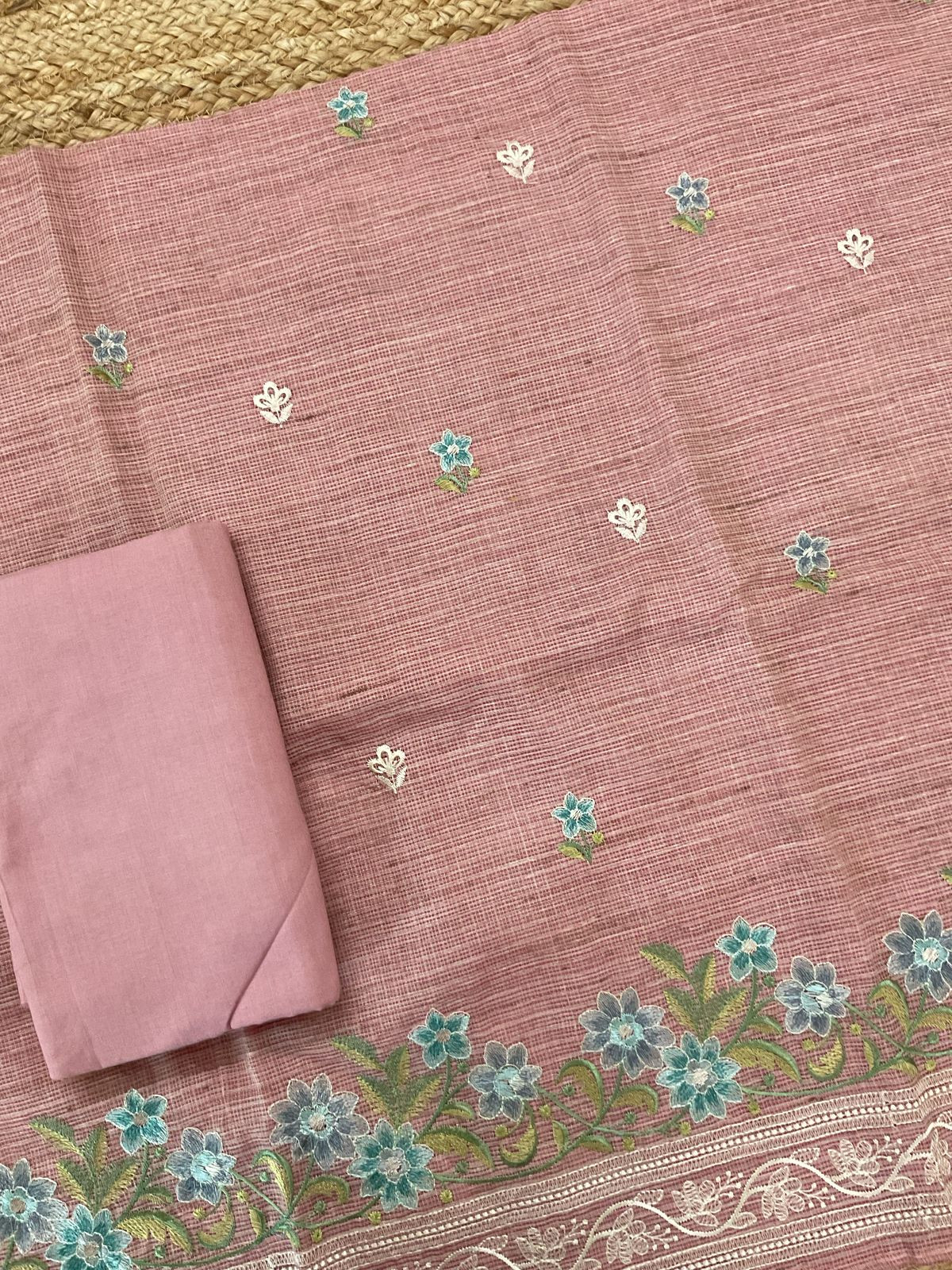 Soft Kota Silk Embroidered Suit - Peach