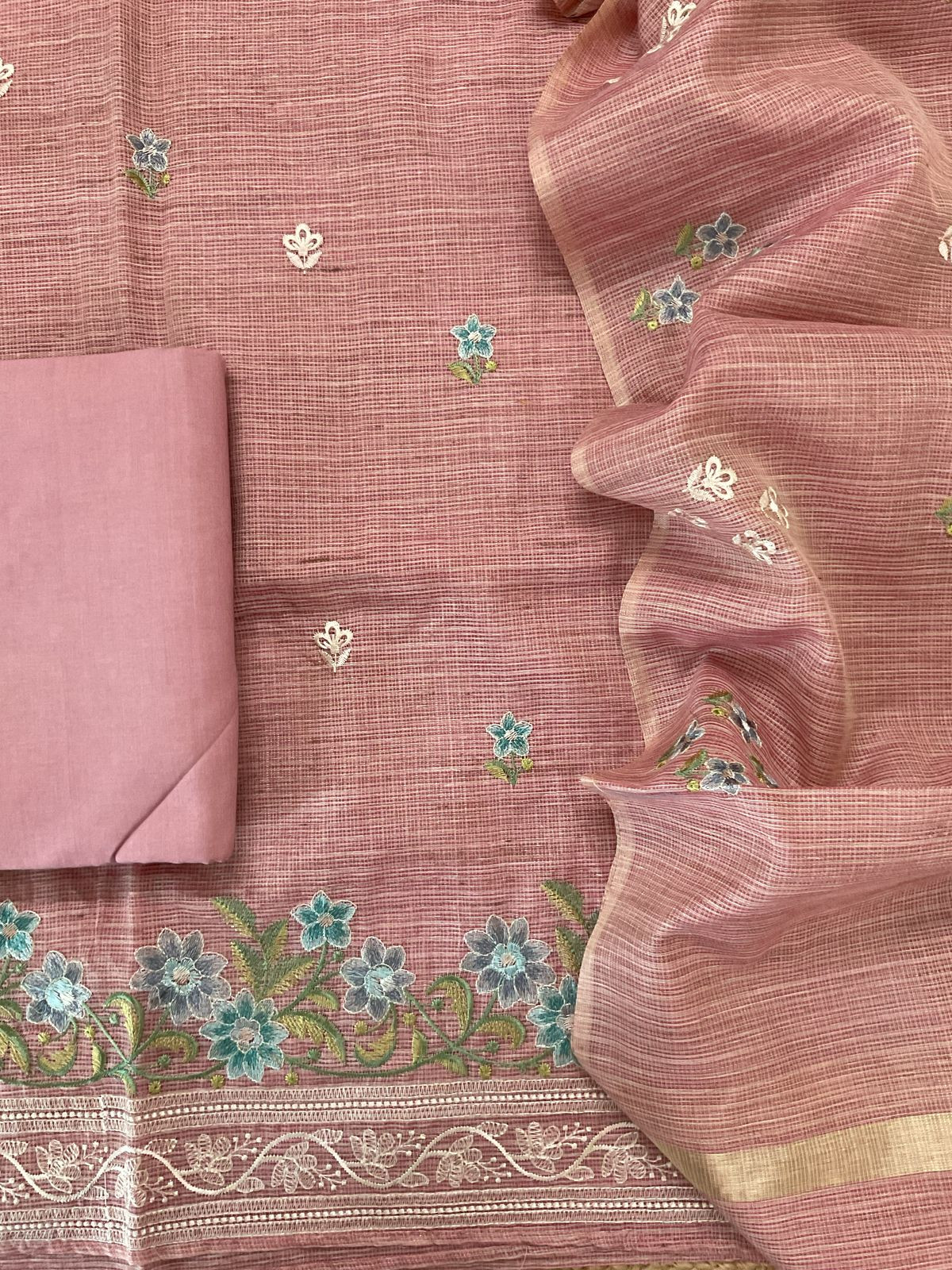 Soft Kota Silk Embroidered Suit - Peach