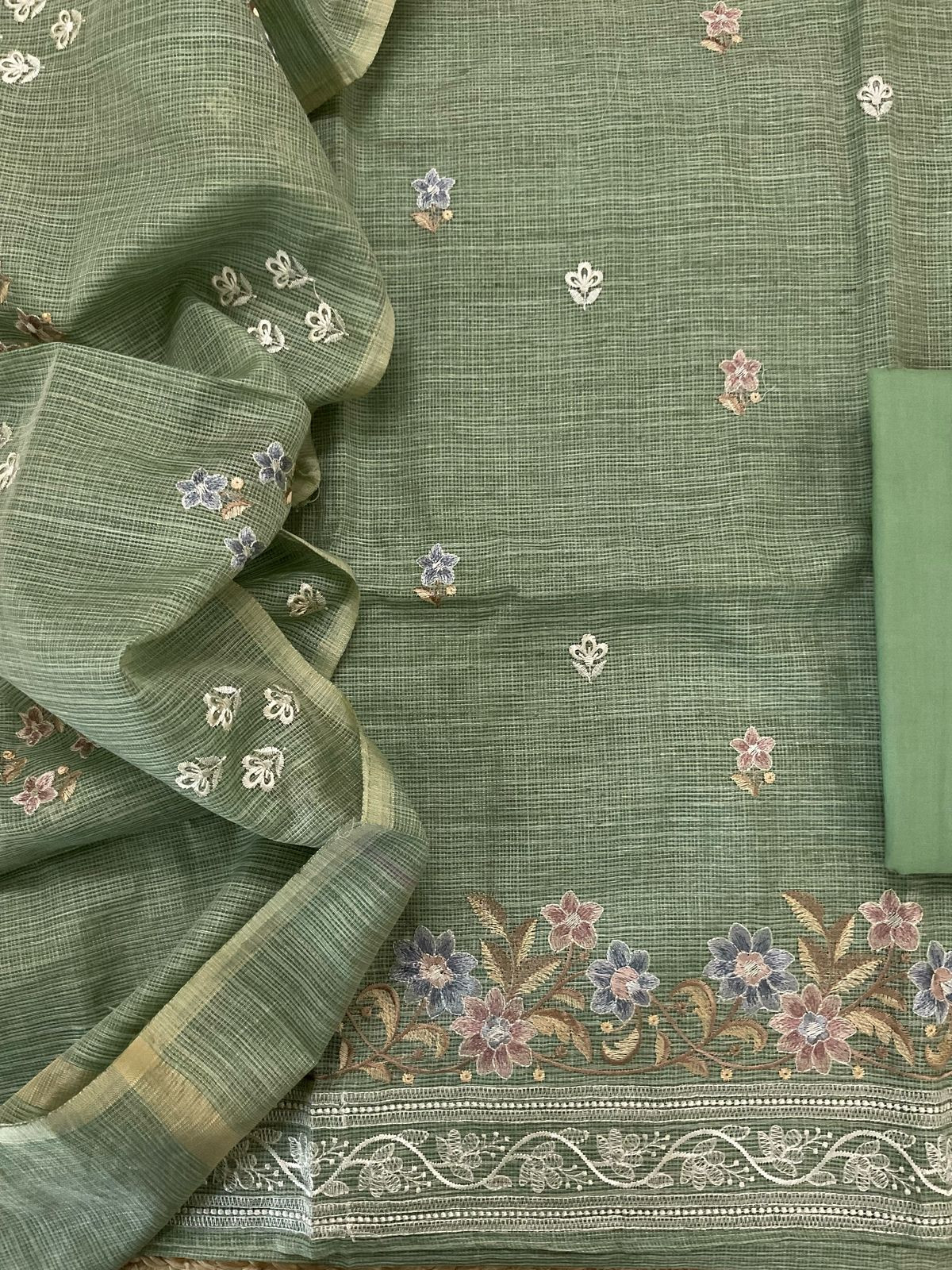 Soft Kota Silk Embroidered Suit - Green