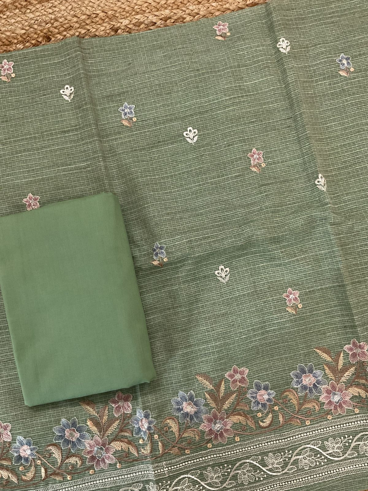Soft Kota Silk Embroidered Suit - Green