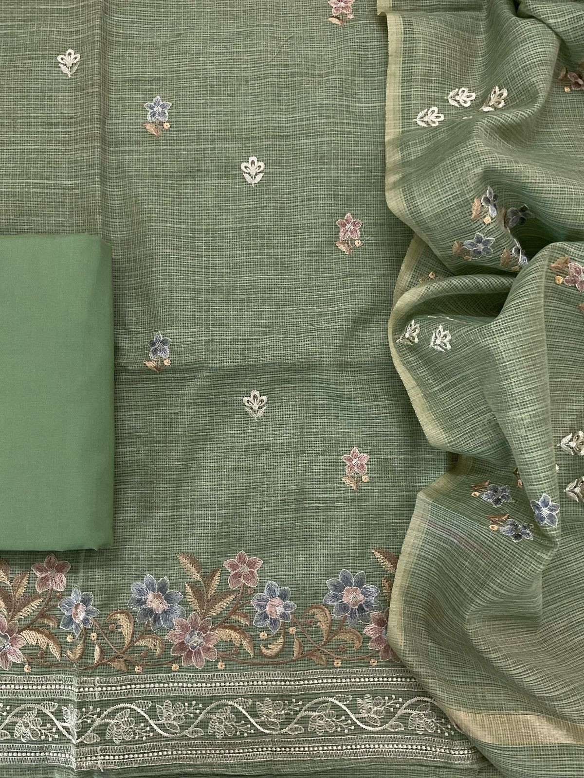 Soft Kota Silk Embroidered Suit - Green