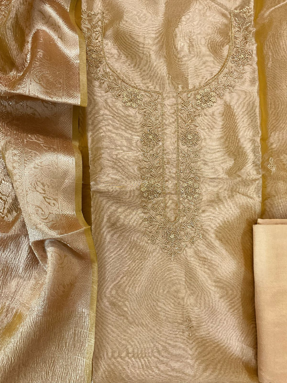 Soft Tissue Organza Embroidered Suit - Mustard Yellow
