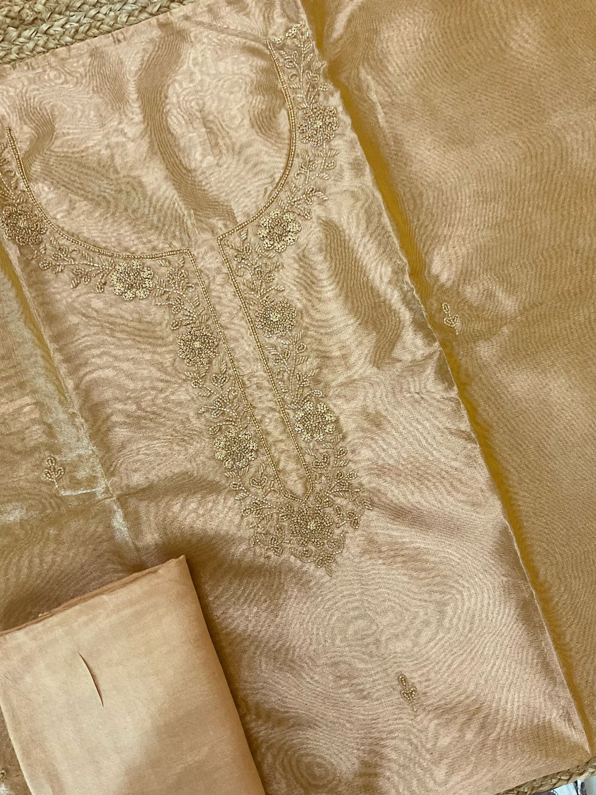 Soft Tissue Organza Embroidered Suit - Mustard Yellow